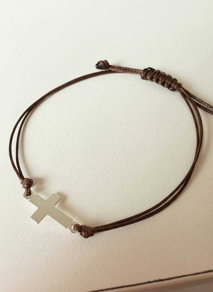 Pulsera Plata Italiana Cruz Hombre Cuero