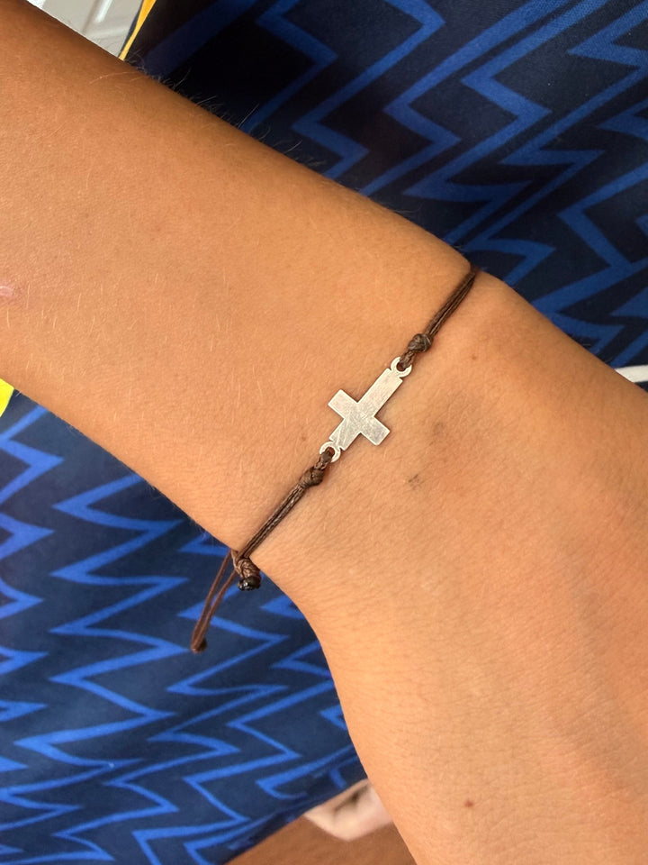 Pulsera Plata Italiana Cruz Hombre Cuero